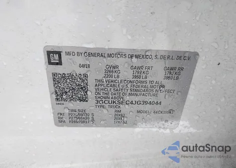 2018 Chevrolet Silverado 1500 1Lz из США, поврежденный, VIN 3GCUKSEC4JG394044